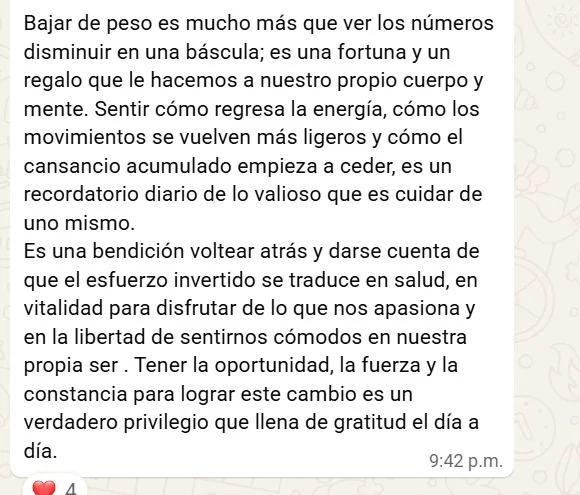 Mensaje de una paciente: bajar de peso es mucho más que ver los números de la báscula; describe cómo regresa la energía y cede el cansancio acumulado.