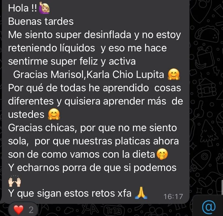 Mensaje de una paciente: se siente desinflada, sin retener líquidos, feliz y activa; agradece al equipo y pide que sigan los retos.